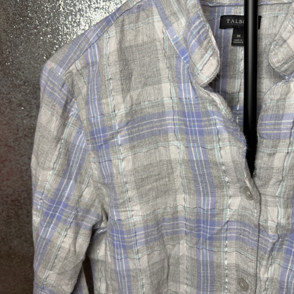 TALBOTS Womens Medium Lavender Purple Silver Plaid Flannel Night Shirt Gown - Picture 4 of 7